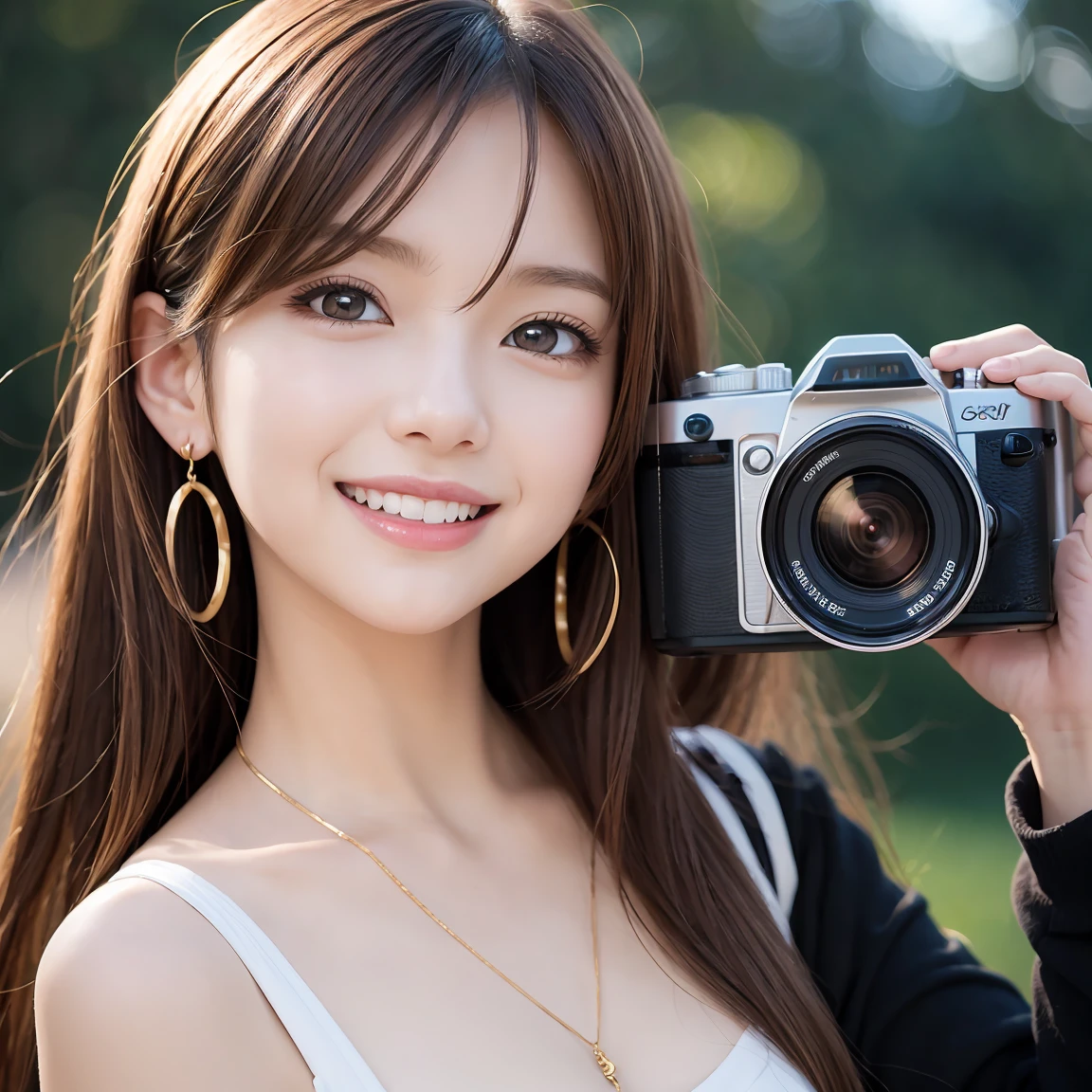 A girl from an anime with a camera and earrings、an anime girl holding a camera, Beautiful anime portraits, Stunning Anime Face Portraits, Happy, Laughter, Detailed portrait of an anime girl, ig model | ArtJam, Anime Portrait, Detailed digital anime art, extremely detailed ArtJam, 8k ArtJam bokeh, ArtJam. Anime illustration, Realistic anime art style