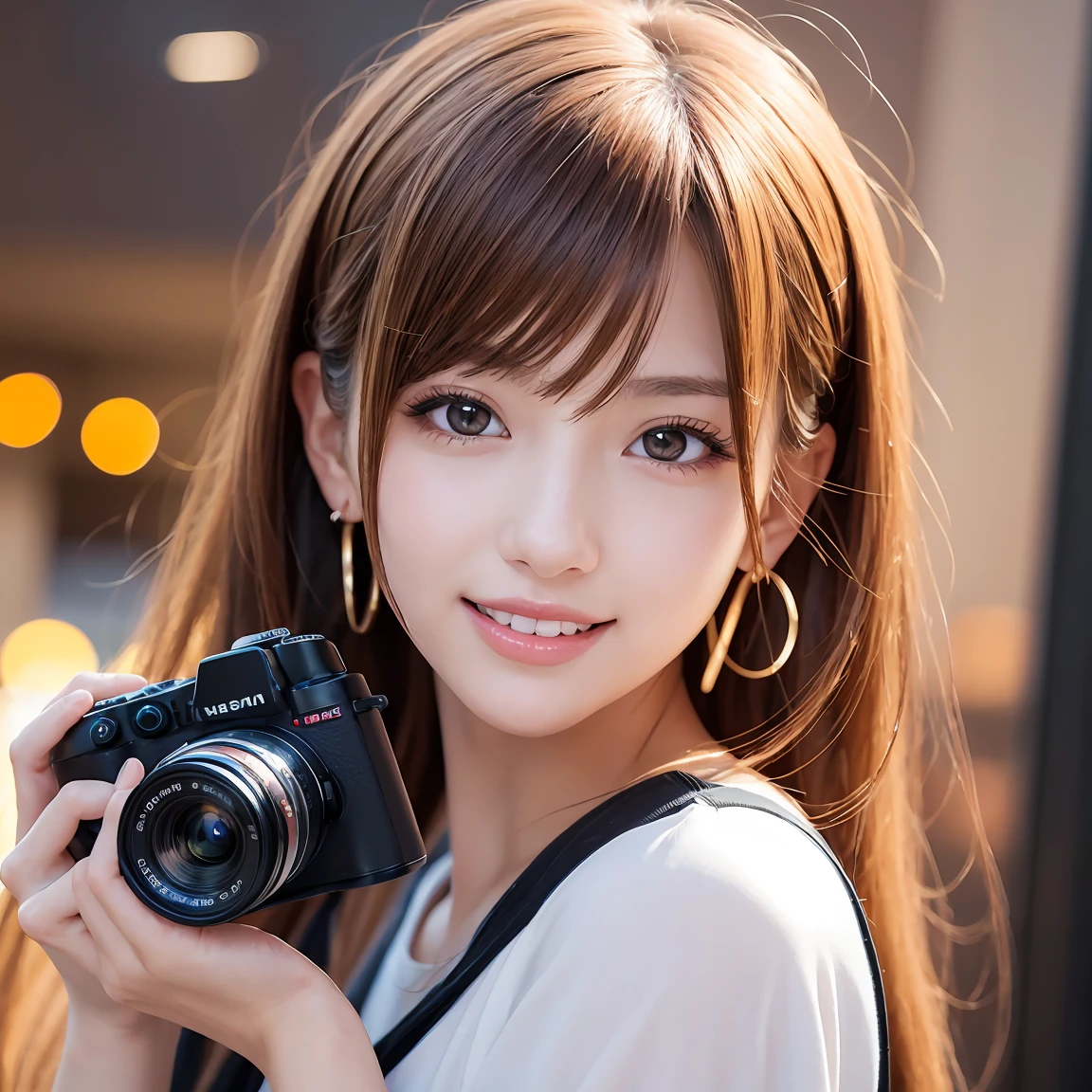 A girl from an anime with a camera and earrings、an anime girl holding a camera, Beautiful anime portraits, Stunning Anime Face Portraits, Happy, Laughter, Detailed portrait of an anime girl, ig model | ArtJam, Anime Portrait, Detailed digital anime art, extremely detailed ArtJam, 8k ArtJam bokeh, ArtJam. Anime illustration, Realistic anime art style
