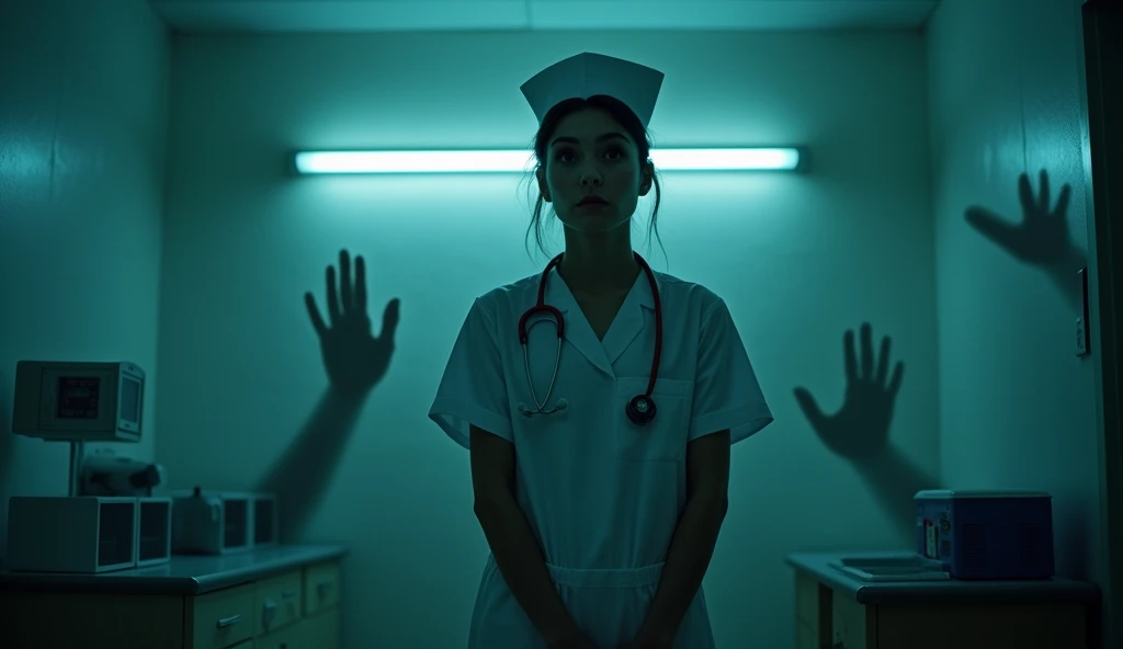 "A nurse standing in a dimly lit room, with ghostly hands reaching out to her from the shadows, only visible in the darkness."
