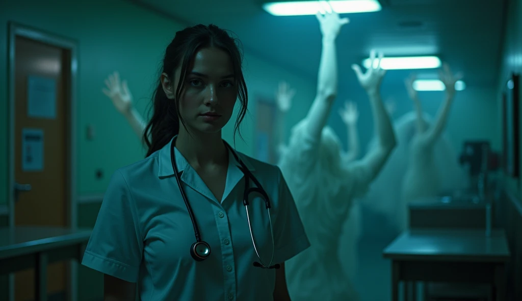 "A nurse standing in a dimly lit room, with ghostly hands reaching out to her from the shadows, only visible in the darkness."