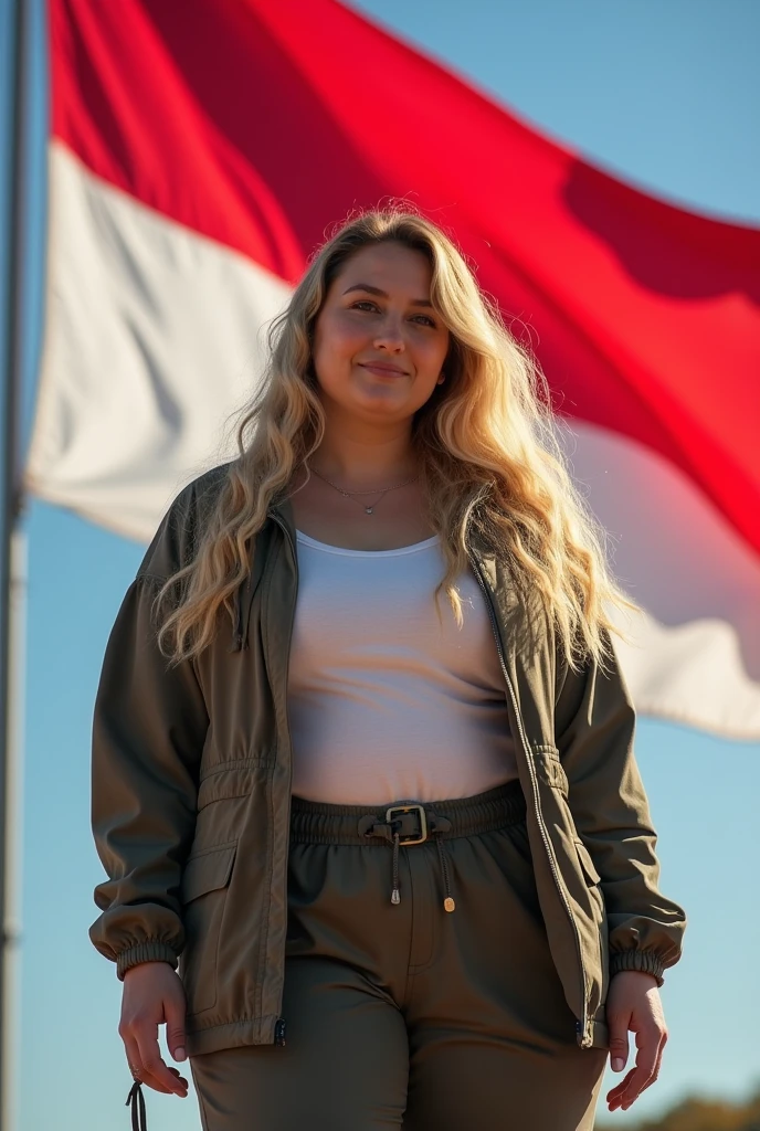 jewish woman, slight obese body, blonde long hair, straight focus, outdoor outfit, in front of Indonesia flag, square photo