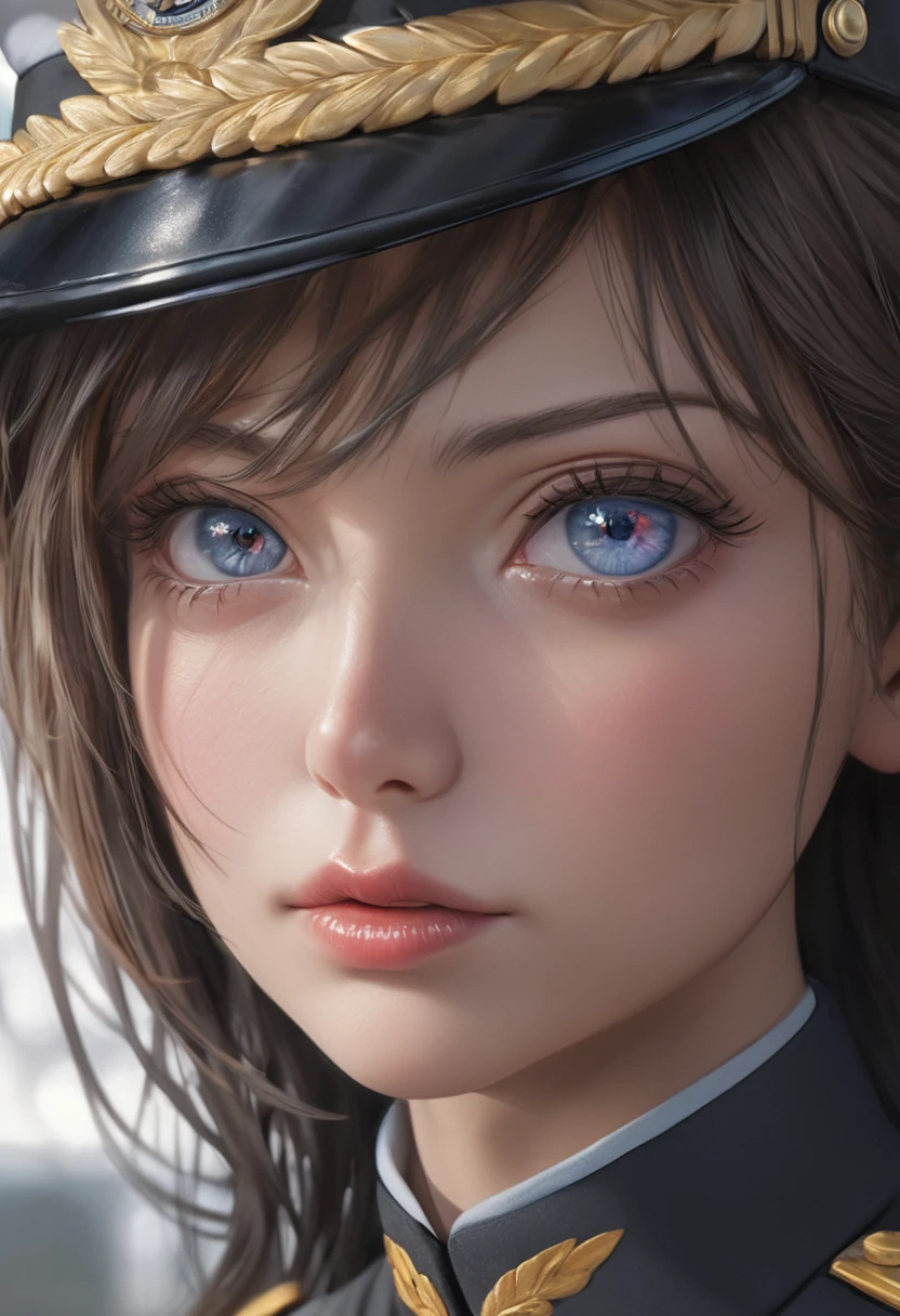 a mature woman with long dark shiny hair, military officer uniform, beautiful detailed eyes, beautiful detailed lips, extremely detailed face, longeyelashes, military uniform, full body, (best quality,4k,8k,highres,masterpiece:1.2),ultra-detailed,(realistic,photorealistic,photo-realistic:1.37),HDR,UHD,studio lighting,ultra-fine painting,sharp focus,physically-based rendering,extreme detail description,professional,vivid colors,portraits