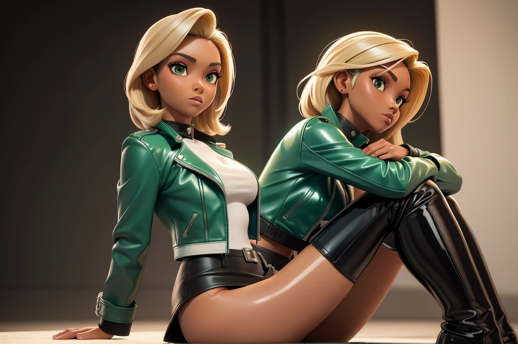 obra prima, melhor qualidade, ((only one woman,)) ((dana perino, dark tan skin, straight hair,)) erect cone tits, ((wearing shiny cream leather biker moto jacket,)) ((jacket has padded shoulders, jacket has stiff high collar,)) (((wearing shiny green leather miniskirt,))) body is very skinny, ((sitting back, legs spread,)) ((camera front view of body,)) shallow depth of field, highres, HD, 8k, anatomically correct