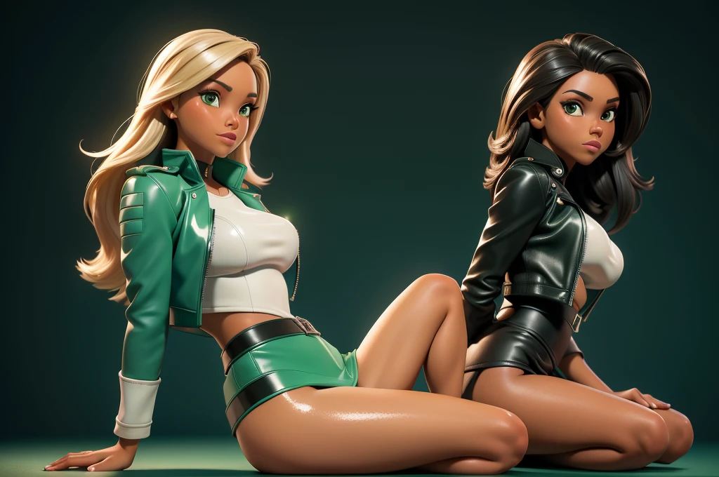obra prima, melhor qualidade, ((only one woman,)) ((dana perino, dark tan skin, straight hair,)) erect cone tits, ((wearing shiny cream leather biker moto jacket,)) ((jacket has padded shoulders, jacket has stiff high collar,)) (((wearing shiny green leather miniskirt,))) body is very skinny, ((sitting back, legs spread,)) ((camera front view of body,)) shallow depth of field, highres, HD, 8k, anatomically correct