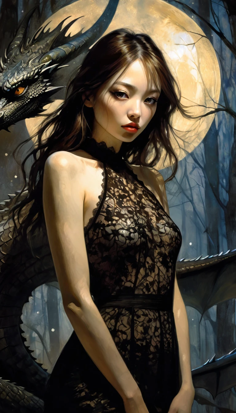 girl and giant dragon,forest, calm, night, moons, stars, eroticism,long brown hair, korean face features, sexy, sexy black long lace dress, garnet tones, between shadows, oil painting, chiaroscuro, sensual, dramatic lighting, moody atmosphere, photorealistic, intricate details, masterpiece, ultra-detailed, high quality, 8k, best quality, realistic, cinematic, dark and brooding, expressionistic, powerful composition, emotional impact, {{{,{pussy,spread her pussy,cum,cum on pussy,masterbation,straddling,y}}},cute,ultra detailed skin,sketch}}}, ,}}}, art inspired by Bill Sienkiewicz and Dave McKean (best quality, 4k, 8k, high resolution, masterpiece: 1.2), ultra-detailed, (realistic, photorealistic, photorealistic: 1.37), details intricate, vivid colors, sharp focus, professional, Dave McKean artwork, surrealism oil touch, oil painting style, portrait, woman, beautiful detailed eyes, beautiful detailed lips, dreamy atmosphere, shadow play, lighting soft, fun pose, dark tones, ethereal background, fantasy elements, texture, layered composition.