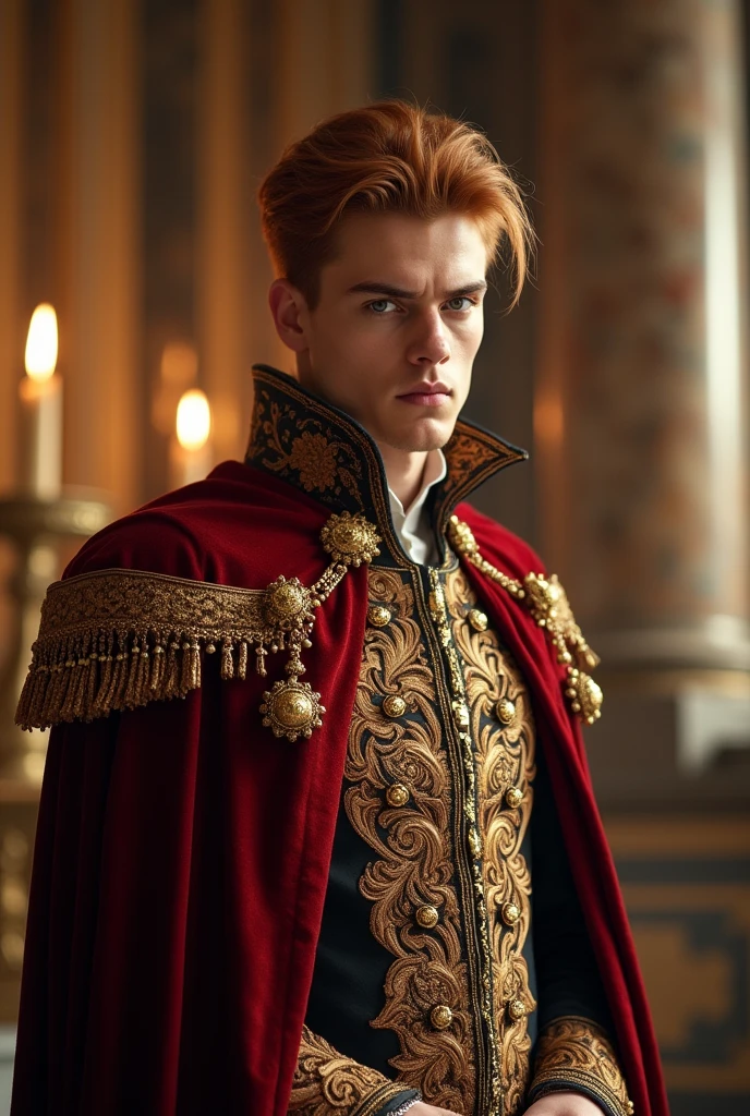 21 year old handsome man, a tough but handsome profile, whitish skin, copper blonde hair and well combed, amber eyes, unfriendly face, in a king's outfit.