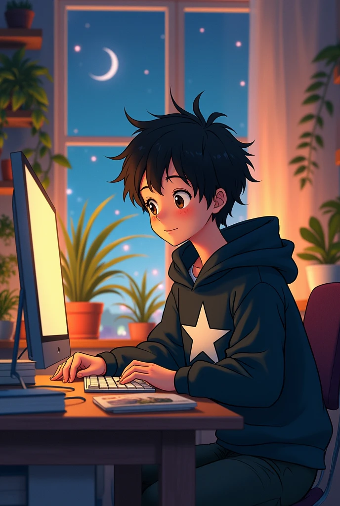 I want a Ghibli studio anime art, of a 25 year old boy, with a black sweatshirt, blackquality hair, a big white star in the middle of the sweatshirt, Using the computer, no quarto escuro