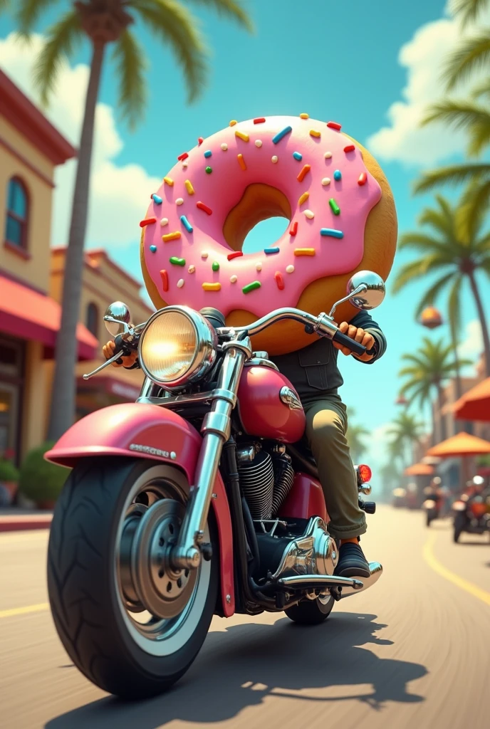 A food donut without clothes riding a motorcycle