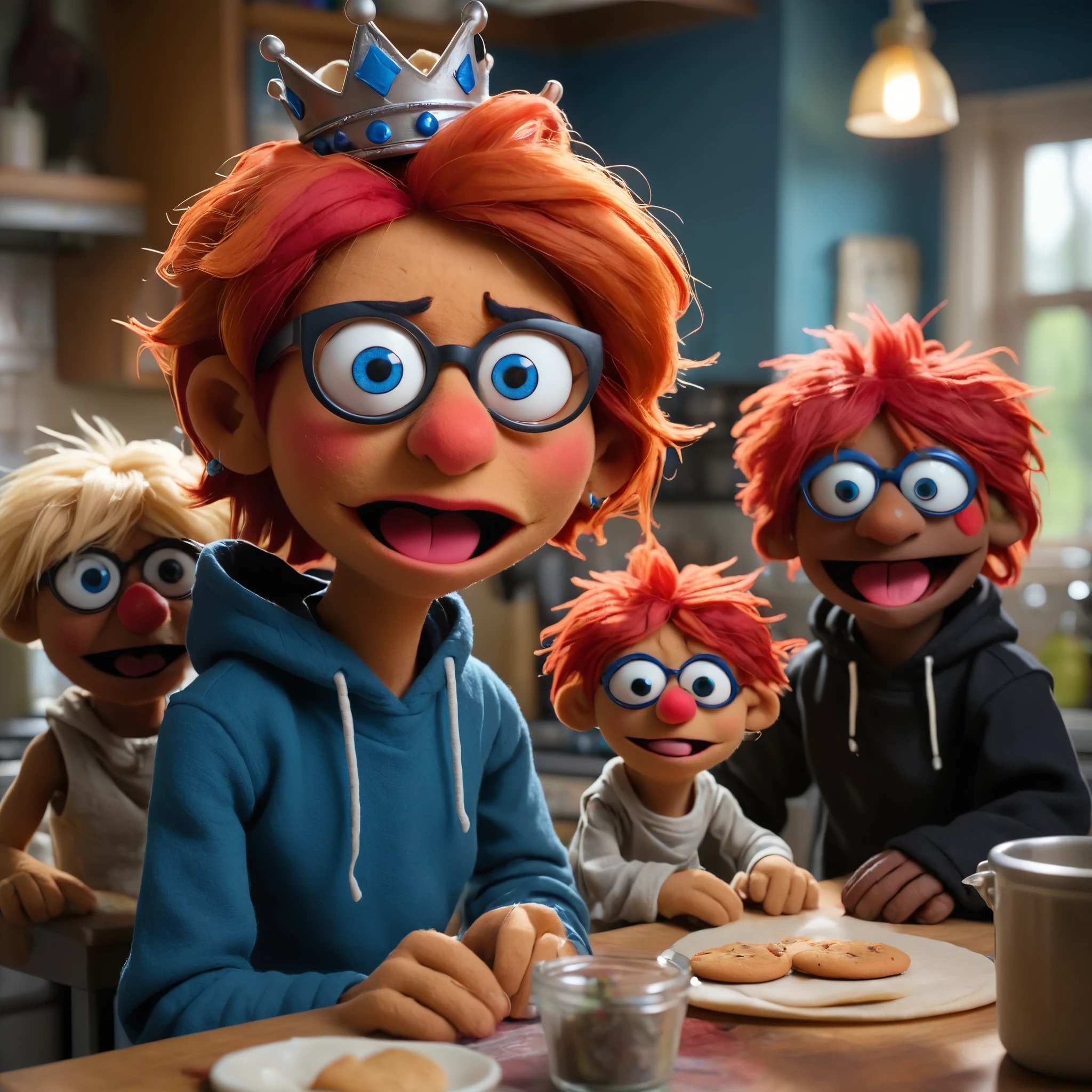 in a felt puppet world style, (1woman, milf, mother, beautiful, strong, wonderful, black with hints of red shoulder length hair), stands at her kitchen table looking at her children (1boy teenager black hair, lip rings, septum ring, hoodie), (1boy child, vibrant red hair, deep blue eyes, glasses), (1girl, child, blonde hair, deep blue eyes, princess crown) saying I am a tough cookie
