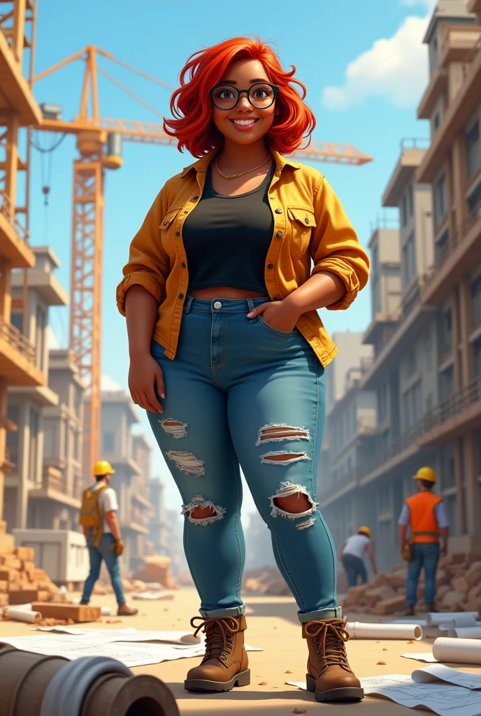 Very chubby and chubby female architect, with medium-length coppery red hair that falls to the shoulder, brown skin, brown eyes and hipster glasses, with bracelets and nose piercing, with rockstar style bag, ripped denim jeans, wearing a black rock band t-shirt with an open canvas shirt over it and construction boots, construction stop, Disney Pixar Cartoon version 