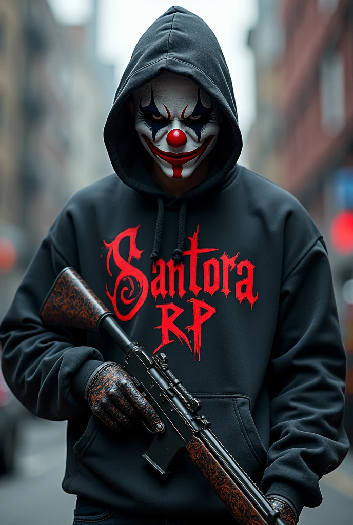 Front image with GTA RP character wearing a clown mask, armed, hooded sweatshirt with a graffiti-style print that says Santora RP, with the backdrop of a city in shades of gray and red, 
