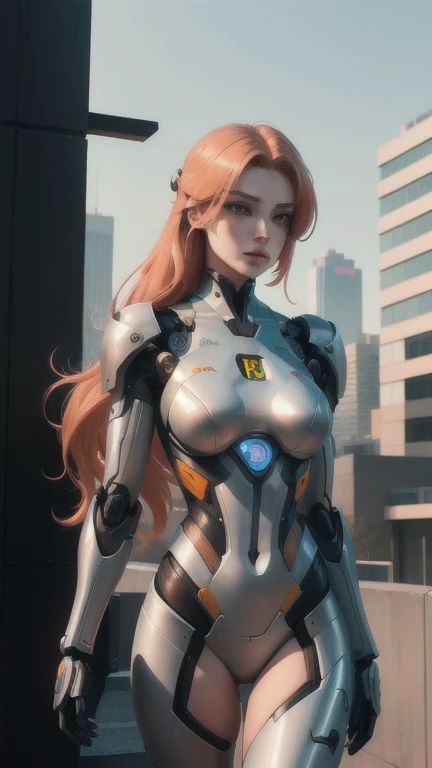 female,robot ,female,robot cyborg mech, peach hair, cyberpunk:0.35, perfect lighting, perfect shading, detailed, intricate, (perfect body), beautiful face, flowing hair, ((full torso)), photorealistic:1.35, mature adult:1.4,