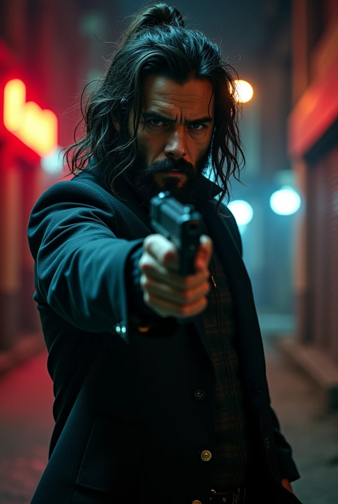draw a bearded man, with hair styled like the character Yuta Okotsu in anime style with a serious face holding a gun in a movie pose