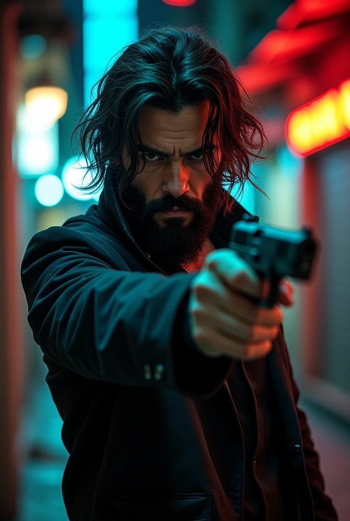 draw a bearded man, with hair styled like the character Yuta Okotsu in anime style with a serious face holding a gun in a movie pose