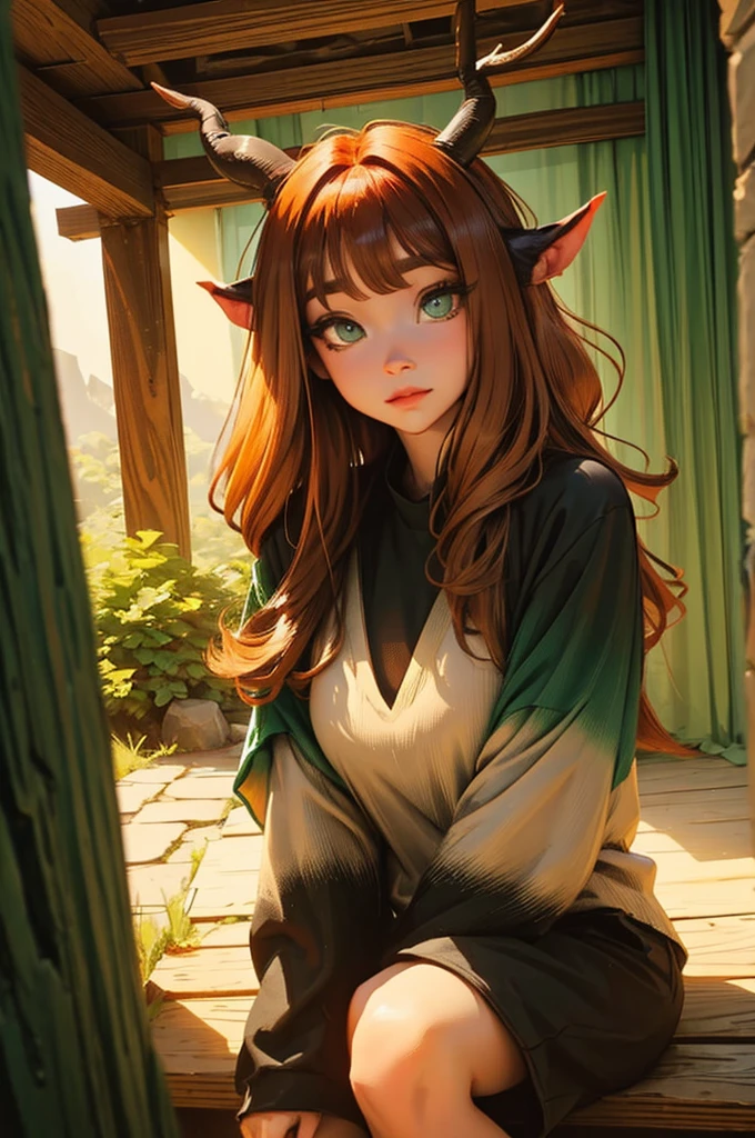 dungeons and dragons satyr. deer horns. ginger ombre hair. dark green eyes. casual clothes.