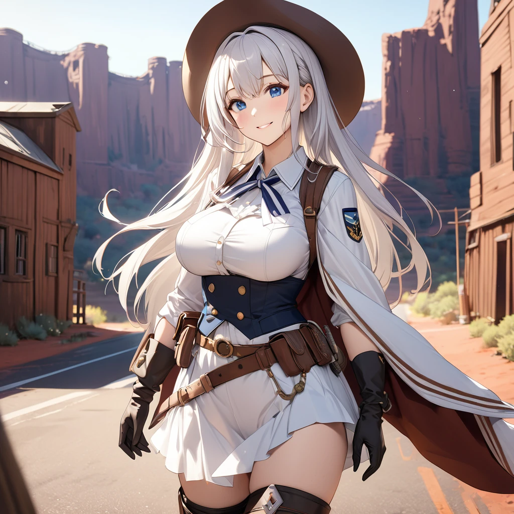 A woman wearing white western aesthetic clothing, with brown leather belt, brown leather boots, white hair, long hair, blue eyes, smiling, large breasts, brown cowboy hat, Monument Valley location, standing on the road of earth, wooden houses in the aesthetic of classic Faroest, (Azur_lane, USS_Yorktown.)UHD, masterpiece, accurate, anatomically correct, textured skin, super detail, high quality, best quality, 8k, high resolution, bokeh effect.(solo woman), close view.