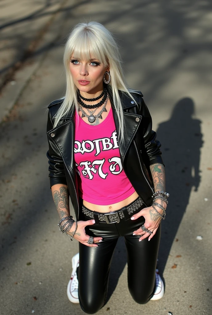 russian milf, platinum blonde hair, long, and straight with a fringe, with very light blue eyes, pale, lots of makeup. Wearing black moto jacket with popped up collar, cropped rock band t-shirt, black shiny leggings and white tennis sneakers. Big loop earrings. Wide tacky belt with big tacky  buckle, dog collars, lots of rings and studded bracelets. Big loop earrings.Tattoos .Full body, kneeling and praying in the street, ashamed. Seen from above,
