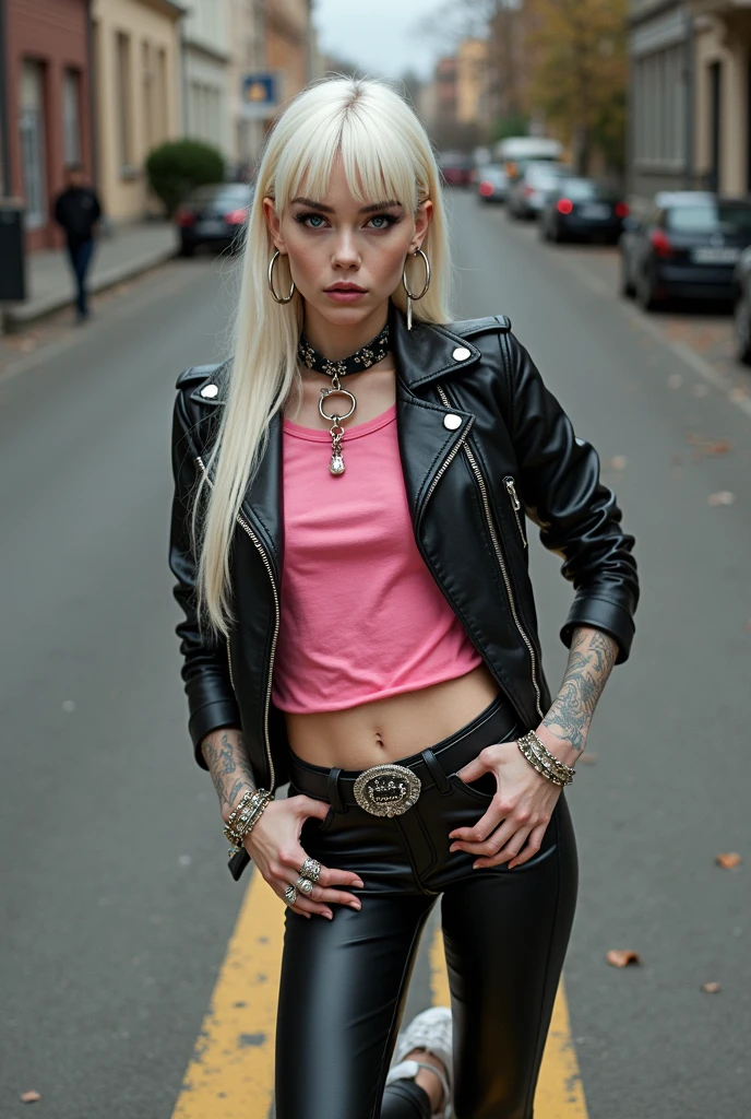 russian milf, platinum blonde hair, long, and straight with a fringe, with very light blue eyes, pale, lots of makeup. Wearing black moto jacket with popped up collar, cropped rock band t-shirt, black shiny leggings and white tennis sneakers. Big loop earrings. Wide tacky belt with big tacky buckle, dog collars, lots of rings and studded bracelets. Big loop earrings.Tattoos .Full body, kneeling and praying in the street, ashamed. Seen from above,