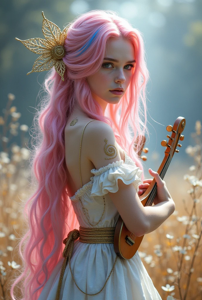 A very beautiful and young girl, Her hair is extremely pink and she has two blue streaks, Her skin is white and delicate and she has golden magical symbols on her shoulder and neck that are like tattoos, Her clothes are very elegant and chic, demonstrating wealth, She is the daughter of a fairy and carries with her her lute and two beautiful sabers, She is a bard 