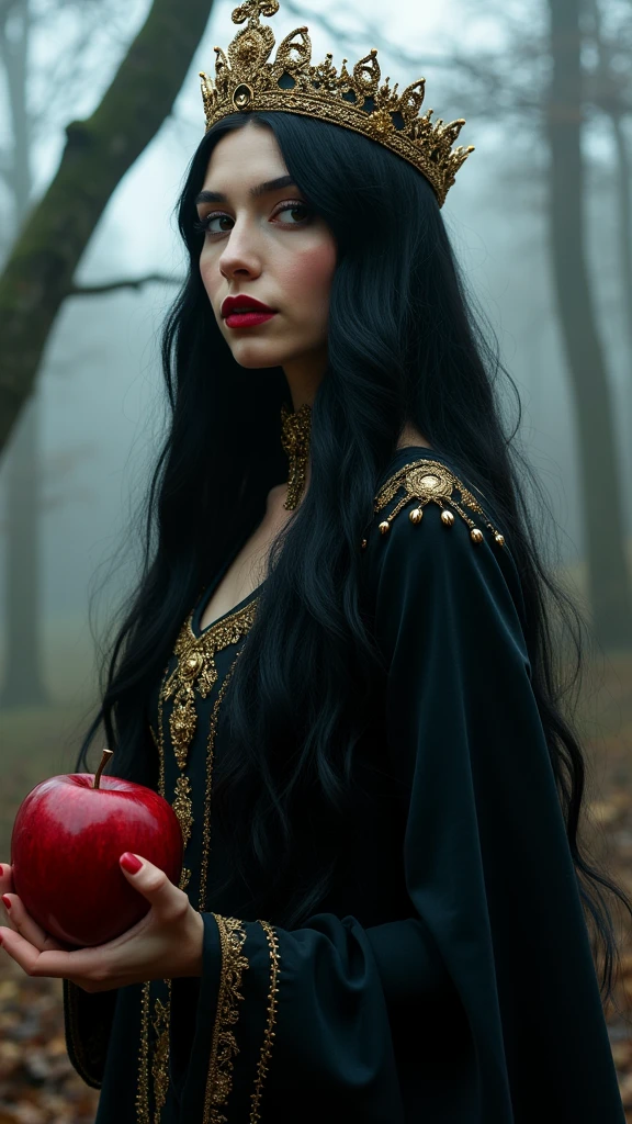,Long black hair,Black Queen,accessories,Apple in hand,Poison apple,Jet Black Queen,Red lipstick、,(Front view, ultra detailed nordic eyes)), (((masterpiece, Giant , ))), photographrealism, High Contrast, photographRealist, photograph, masterpiece, Realist, realism, photographrealism, High Contrast, photographRealist digital art trend on Artstation 8k HD high definition detailed Realist, detailed, Skin Texture, hyperdetailed, Realist Skin Texture, Highest quality, ultra High resolution, (photographRealist: 1.4), High resolution, detailed, raw photograph, Sharp Fire, Kodak Portra 400 Camera F1 Lens.6 rich colors hyper Realist texture dramatic lighting irrealengine trend in artstation cinestill 800.