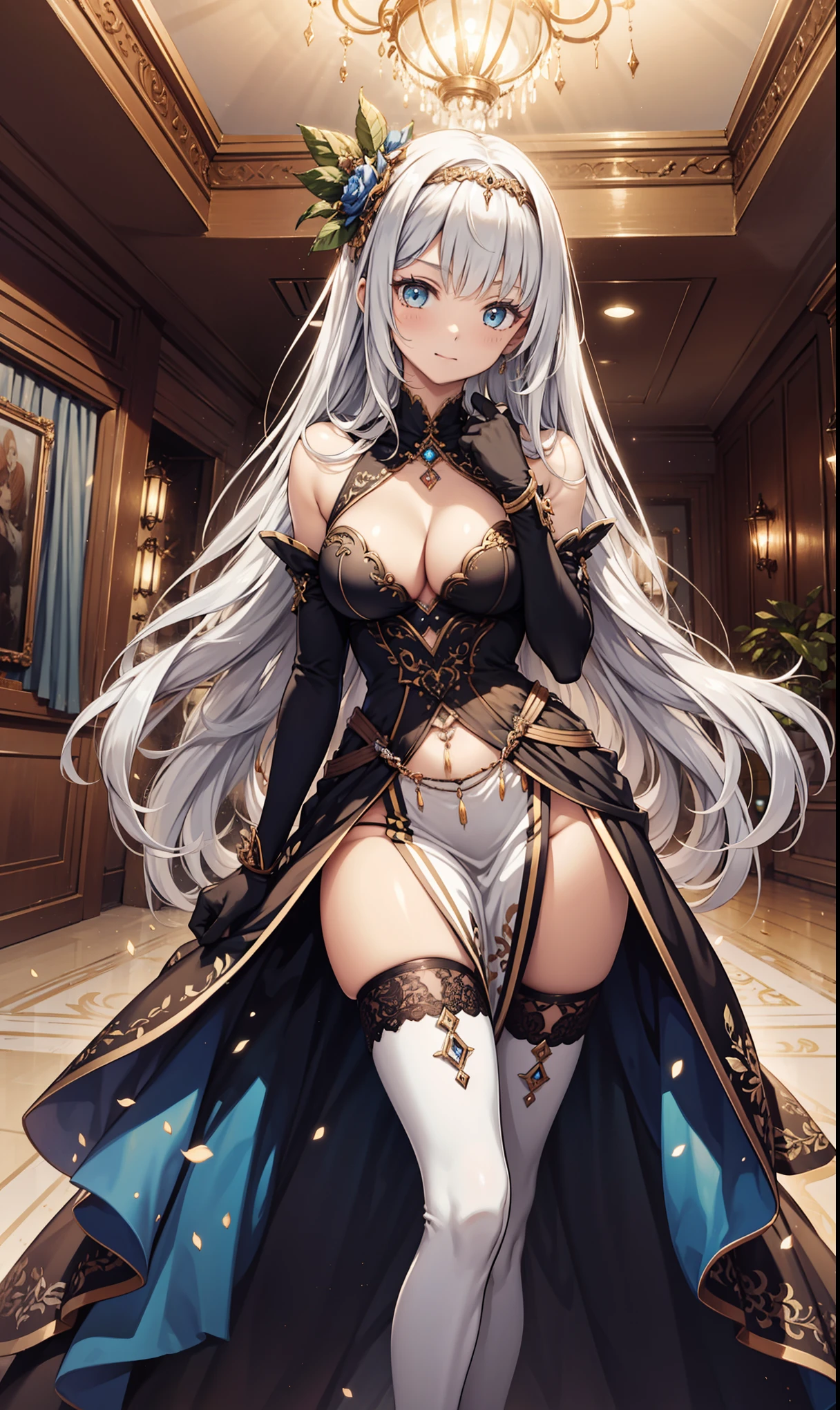 ((highest quality)), ((masterpiece)), (detailed), （Perfect Face）、The woman is Extia Spica, with long silver hair tied in two ponytails at the back.、She has red eyes, a gorgeous black long slit see-through dress that shows off her skin, a see-through cape with fur, a jeweled necklace, a tiara, earrings, a head dress-up chain, a waist chain, bracelets, anklet, etc.々She wears lavish jewelry and shiny black boots.