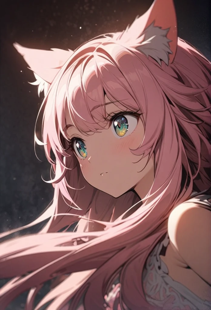 a Young girl, cat girl, long pink hair, ojos morados long cat ears, large and long pink tail, beautiful detailed eyes, soft lighting, warm color palette, , cinematic composition, dramatic lighting, highly detailed, intricate details,
