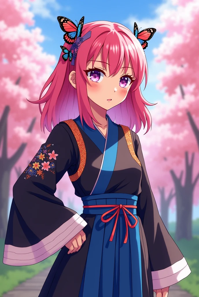 OC Kimetsu No Yaiba, Flower Pillar, female, 20 years old, pink hair, There are two butterfly clips in front of the cheeks, Butterfly clips behind the head, big breasts, small waist, big butt, the garment is made of a lightweight and durable material, inspired by the black and blue Gakuran uniform, completed with hakama pants (wide-leg Japanese-style pants) black and blue with a white belt.