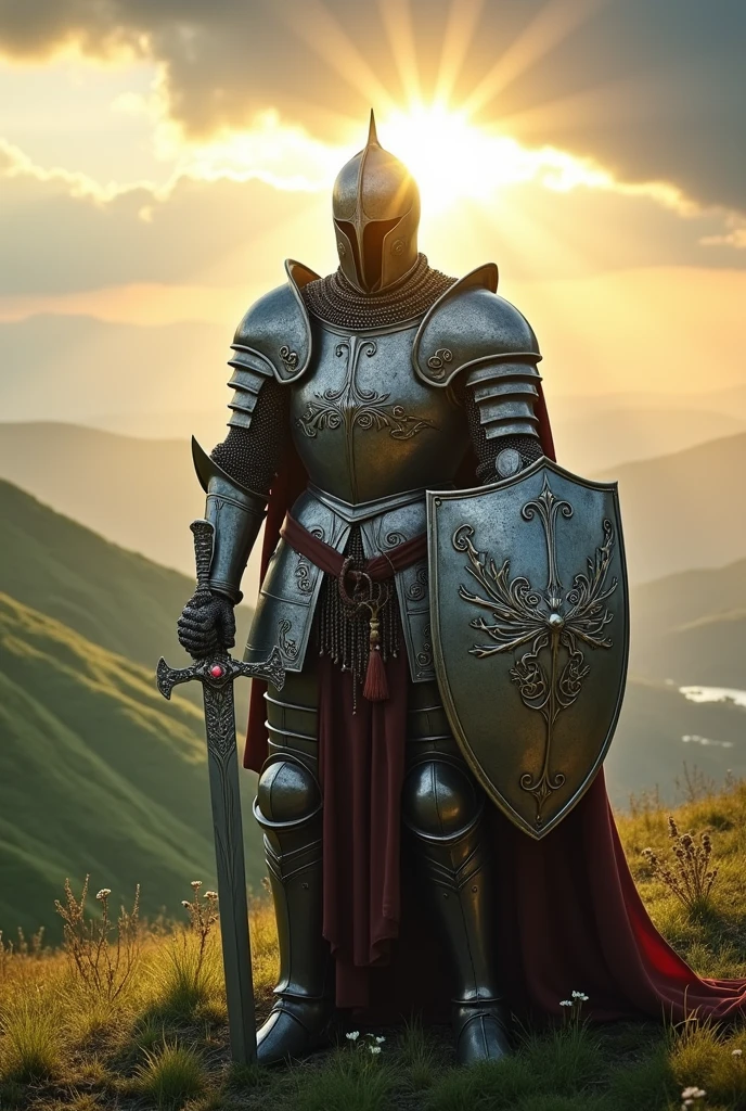 knight in full armor with sword and shield, Very detailed, 8k, Global Illumination, Wide-angle, God&#39;s Rays