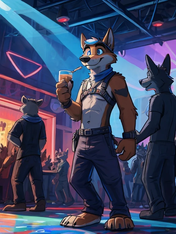 teen furry, furry, teenager, mutt, mongrel, grey body, long brown spiked_ponytail, detailed eyes, Detailed body fur, long blue scarf, leather_harness, blue_breechcloth, goggles, masterpiece, gray body, Detailed face, big eyebrows, blue eyes, detailed eyes, No muscles, Detailed hands, Flat body, Skinny, Detailed paws, metal cuffs on wrists, metal cuffs on ankles, black baggy pants, crowded nightclub, drinking, calm, art by paintfox, art by paintfox34