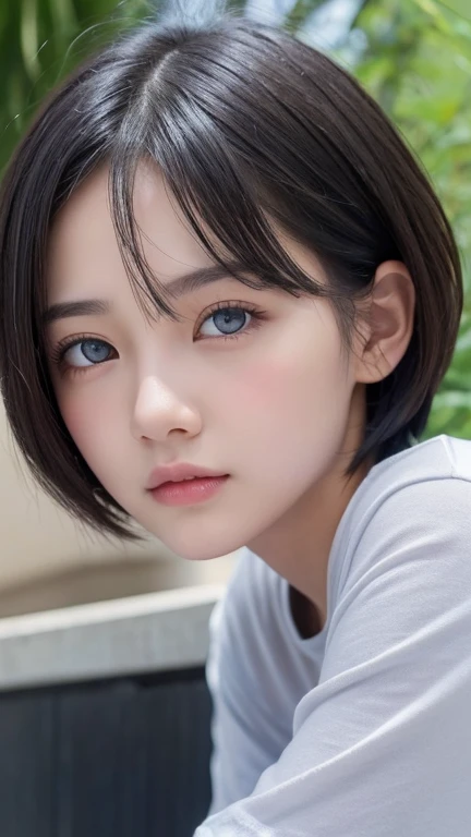 Highest quality、Realistic、、zoom、look up、cute、Light grey eyes、Black Hair、Very short hair、boyish、Light Blue T-Shirt、Eyes that see far、Face close-up、thin