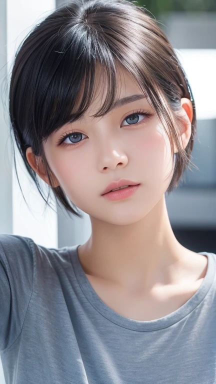 Highest quality、Realistic、、zoom、look up、cute、Light grey eyes、Black Hair、Very short hair、boyish、Light Blue T-Shirt、Eyes that see far、Face close-up、thin