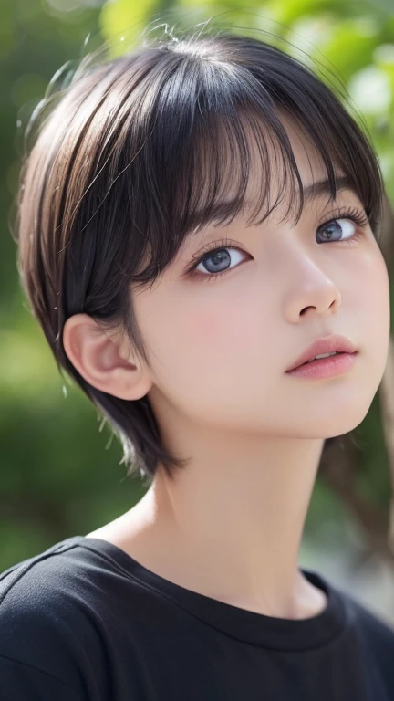 Highest quality、Realistic、、zoom、look up、cute、Light grey eyes、Black Hair、Very short hair、boyish、Light Blue T-Shirt、Eyes that see far、Face close-up、thin