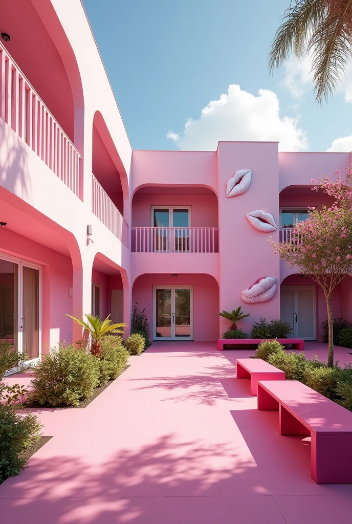 (photorealism:1.2)  Empty in a pink girls' school inside yard, pink and white modern school building with pink benches, clean in good shape, the sign "Colegio Coquetas" and the signs of many kisses 💋 on the walls, not childish drawings on the walls, realistic, intricate details