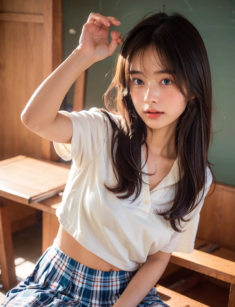 (natta:1.7), In a school classroom, 1 womanl,Selfie,((Women in love:1.3)),kiss,She is sitting on a desk,((Realistic skin without makeup:1.5)),((Bare breasts and thighs visible through gaps in clothing)),(Underwear partially wet with sweat stains:1.3),Small head,((Grabbing my underwear:1.5)),((Spreading her legs))、((Beautiful thighs))、I'm opening my mouth a little、(Erect nipples:1.2), brunette color hair,Medium Short Hair、((innocent)),(hair between eye), Lip flap, ,Beautiful fingers,Beautiful long legs,Beauty Body,Cute nose,Beautiful character design,perfect eyes,face perfect,looking at viewert,(Innocent_Big_eyes:1.0),They are raising their hands and having fun.,(light_Smile:0.3),((In the middle of taking off your underwear:1.2))、((Bold Pose))、Open atmosphere、Intimate atmosphere、Half-taken clothes、Shy expression、Embarrassing、((Her clothes are disheveled and her skin is showing))、offcial art,Very detailed CG Unity 8k wallpaper,Perfect litthing,highly colorful,Bright_front_Face_Lighting,(tmasterpiece:1.0),(Best_quality:1.0), 超A high resolution,4K,ultra - detailed, photography of, 8k, nffsw, hight resolution, absurderes:1.2, Kodak portra 400, film grains, the background is blurred, bokeh:1.2, Lens Flare Glow, ( Vibrant_colour:1.2) (Beautiful,Large_breasts:1.4), (Beautiful_Face:1.5),((full body)),8k,Raw photo, 、Relax at a shool in Japan, (Girls are not subjects:1.3) (Hair after a bath:1.3),(Hair is wet:1.3) ((Girls are not subjects:1.2))((Draw a wide night background:1.2),((Japanese high school uniform:1.5)),((Wearing a simple high school uniform with a white blouse and gray plaid.:1.2)),((The background is a school classroom:1.3)),((8th class))、 ((Beautiful straight short long:1.5)) sixteen years old、((Beautiful straight short long:1.5))、(private),(Photos taken by lovers)、(Sophia Lillis)、(Secret photos)、((Beautiful barefoot))、((Relaxed and bold posture))