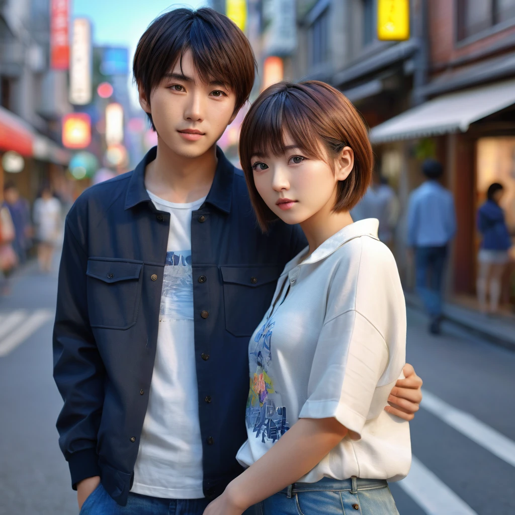 cute young japanese girl, , short hair, fashionable casual clothes, yuri couple, date, city street, best quality, 8k, highres, masterpiece, ultra-detailed, realistic, photorealistic, photo-realistic, HDR, UHD, studio lighting, ultra-fine painting, sharp focus, physically-based rendering, extreme detail description, professional, vivid colors, bokeh, portraits, anime