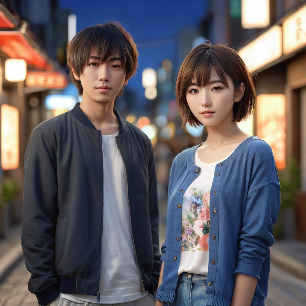cute young japanese girl, , short hair, fashionable casual clothes, yuri couple, date, city street, best quality, 8k, highres, masterpiece, ultra-detailed, realistic, photorealistic, photo-realistic, HDR, UHD, studio lighting, ultra-fine painting, sharp focus, physically-based rendering, extreme detail description, professional, vivid colors, bokeh, portraits, anime