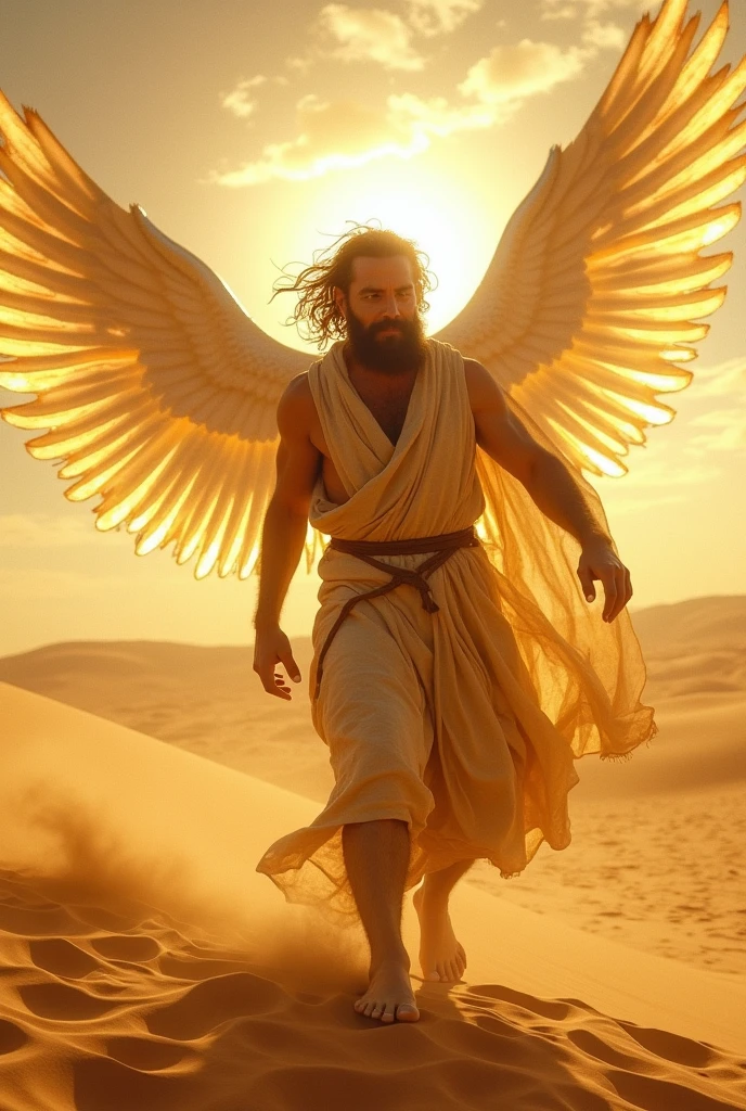 Holy man clothed in sackcloth in the desert wrestling with an angel