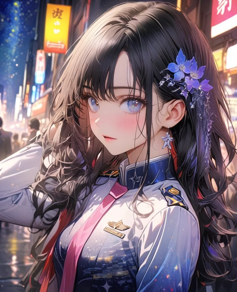8k,Ephemeral beauty，Very delicate and beautiful,Beautiful and realistic skin,Black Hair、Long and colorful hair,Beautiful Eyes,good,Beautiful starry night、City of night、uniform
