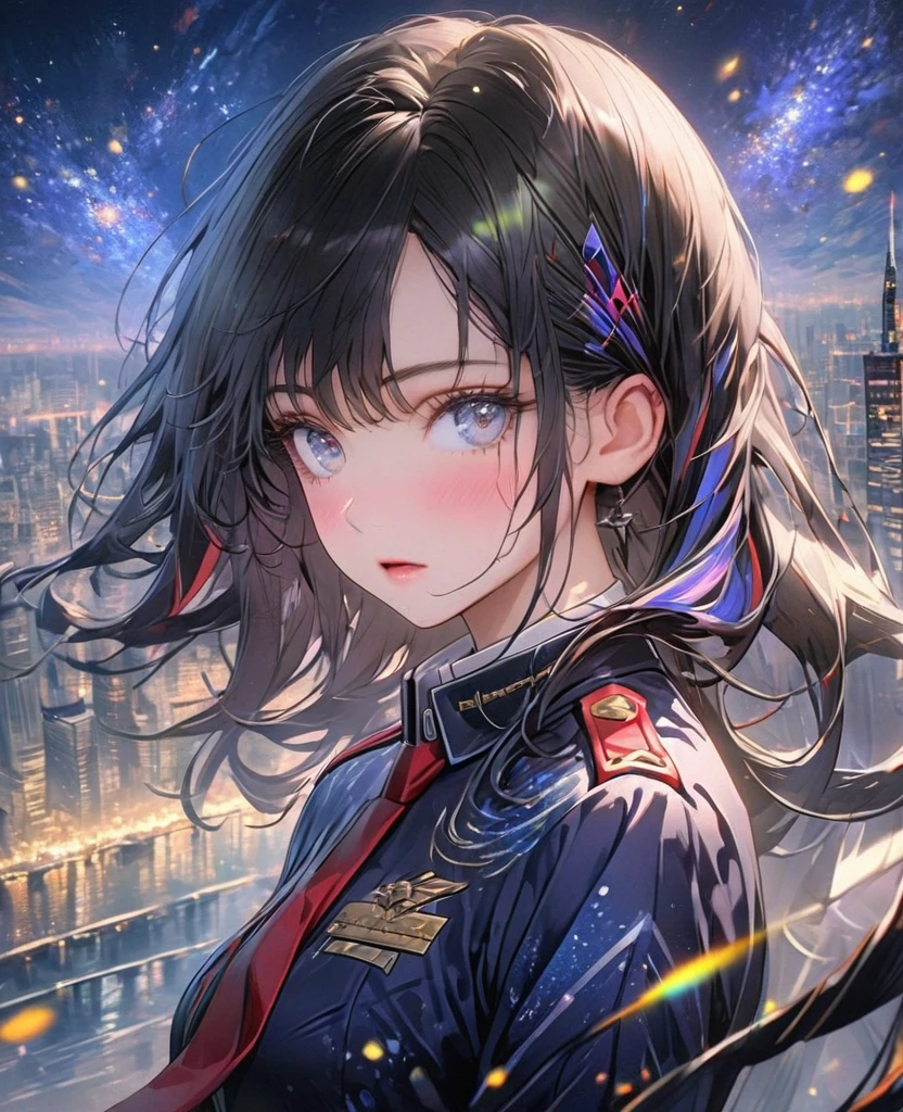 8k,Ephemeral beauty，Very delicate and beautiful,Beautiful and realistic skin,Black Hair、Long and colorful hair,Beautiful Eyes,good,Beautiful starry night、City of night、uniform
