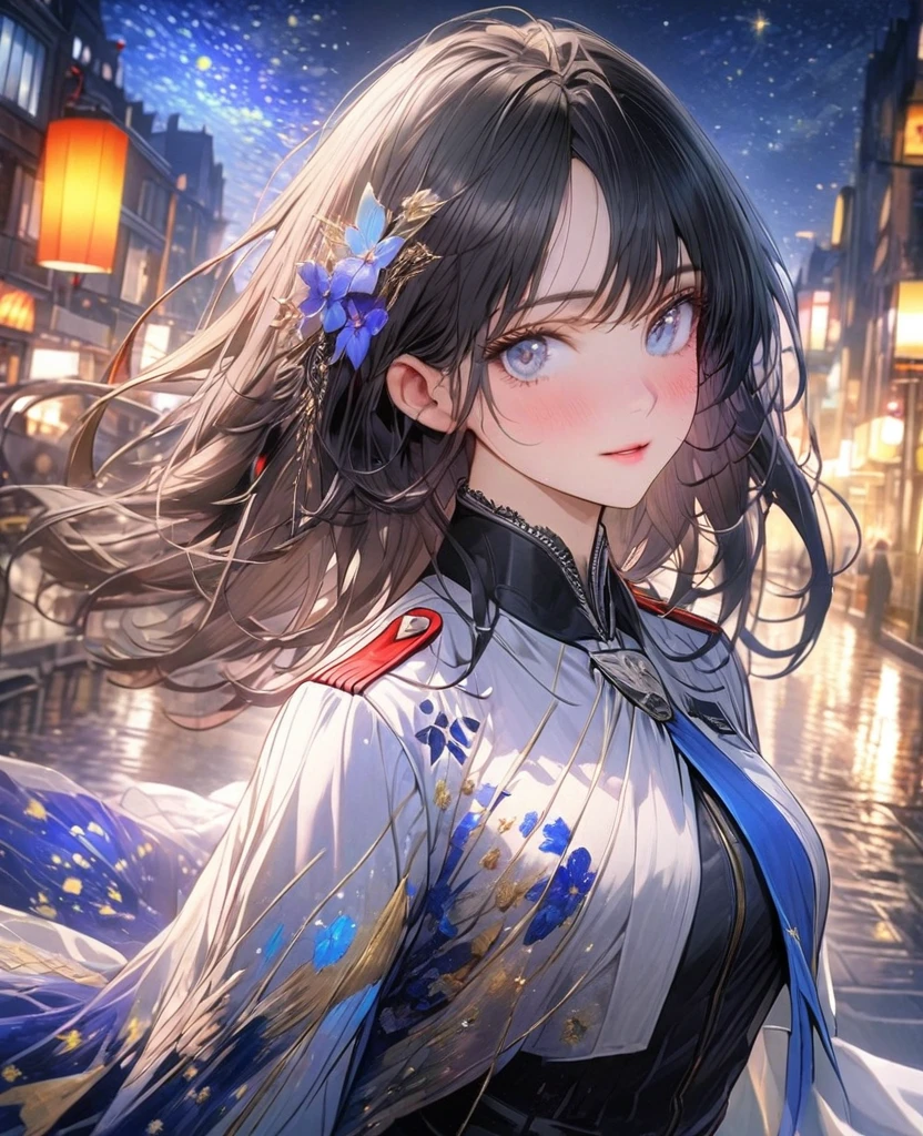 8k,Ephemeral beauty,Very delicate and beautiful,Beautiful and realistic skin,Black Hair、Long and colorful hair,Beautiful Eyes,good,Beautiful starry night、City of night、uniform