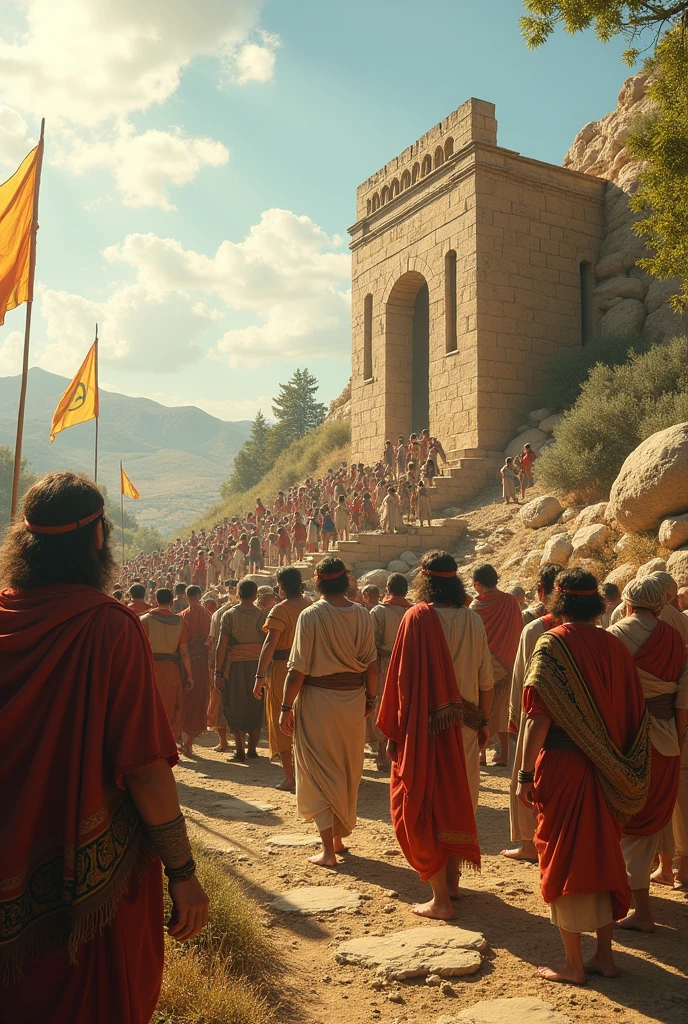 The people of Samaria building a temple on Mount Gerizim to worship God