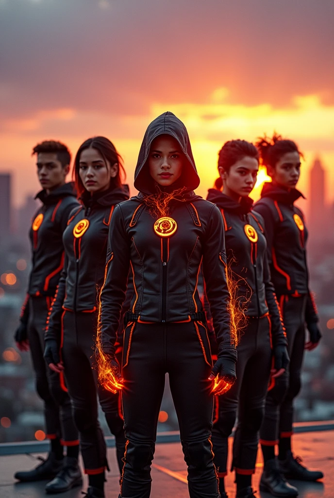 Create a group of young men and women with different powers , dressed in a black and orange stealth hunter style