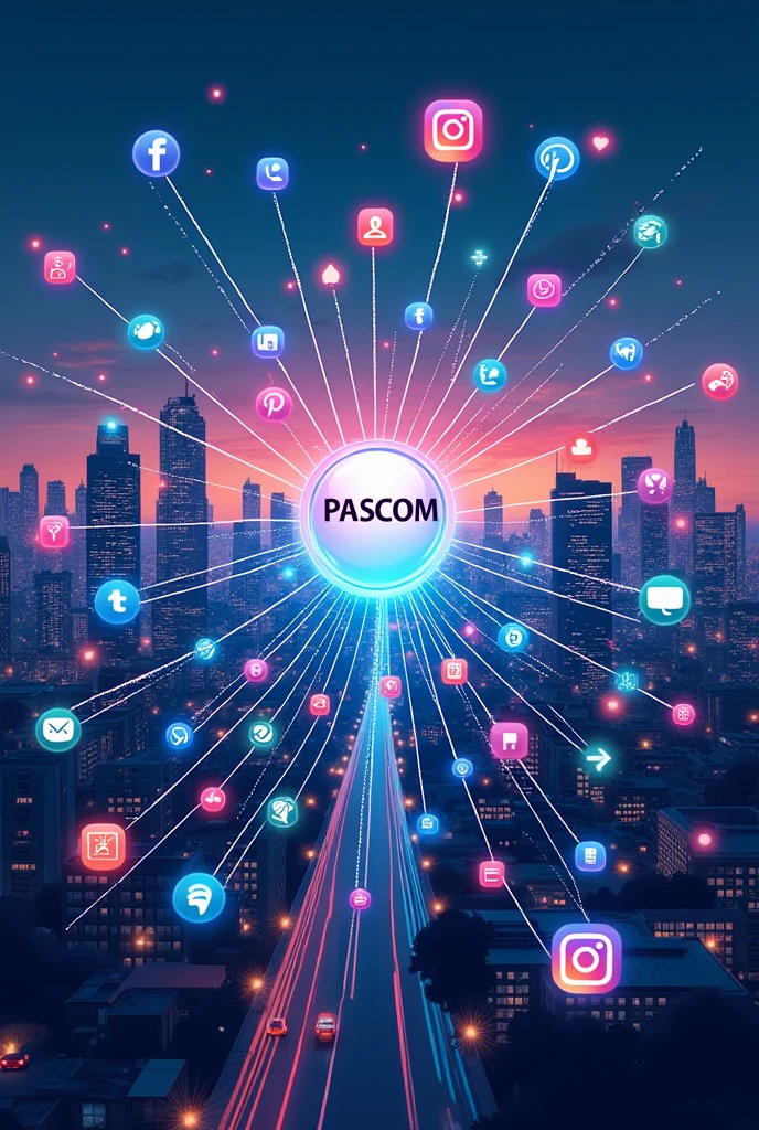 Image of interconnected communication points ,Social media, , instagramart, YouTube, Wi-Fi network, and all digital connections linked to the name PASCOM (Pastoral of Communication)leaving the center.
