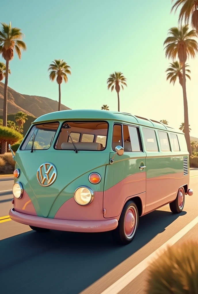 Modern van with pastel colors that evoke nostalgia, launching in 2025, volkswagen, front engine with a longer front, with cozy interior