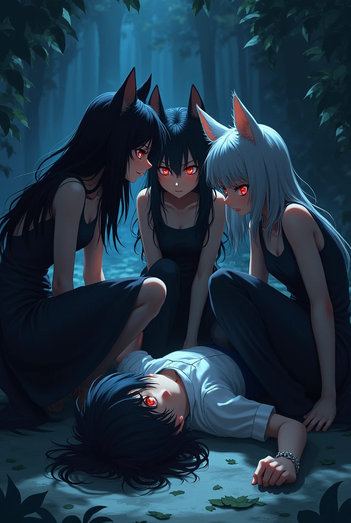 A group of angry girls with long dark skirts and cat features crouching, sitting on the body of a dead boy in anime