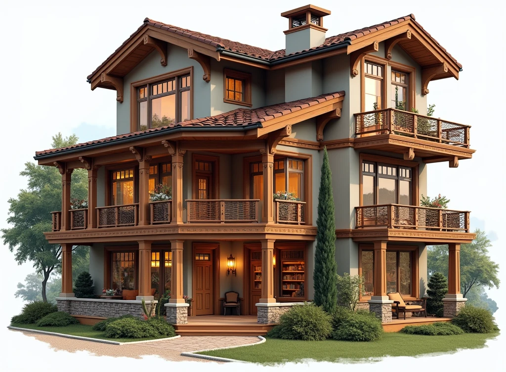 a house with three floors on the first floor a kitchen, a dining room and a living room, On the second floor there are 3 bedrooms each with its own bathroom and a living room with a bathroom and finally on the top floor a balcony with a study area with books and a lamp.