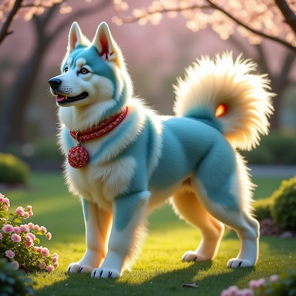 yellow Pale blue Guardian Dog Wearing a red and white rope。 Japanese dog The tail is quite large.