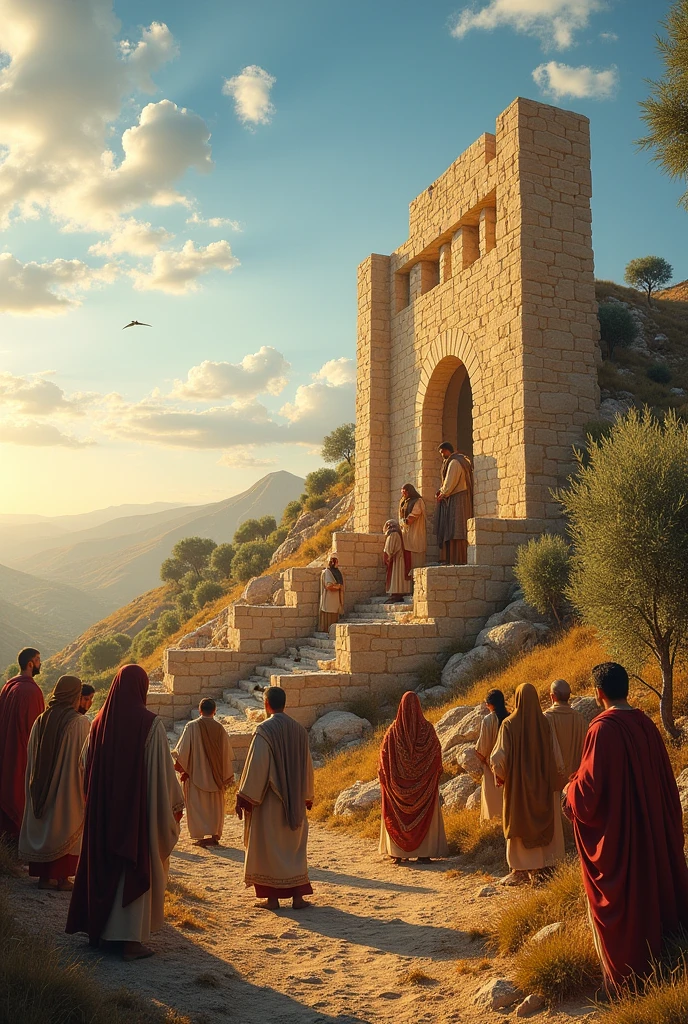 The people of Samaria building a temple on Mount Gerizim to worship God