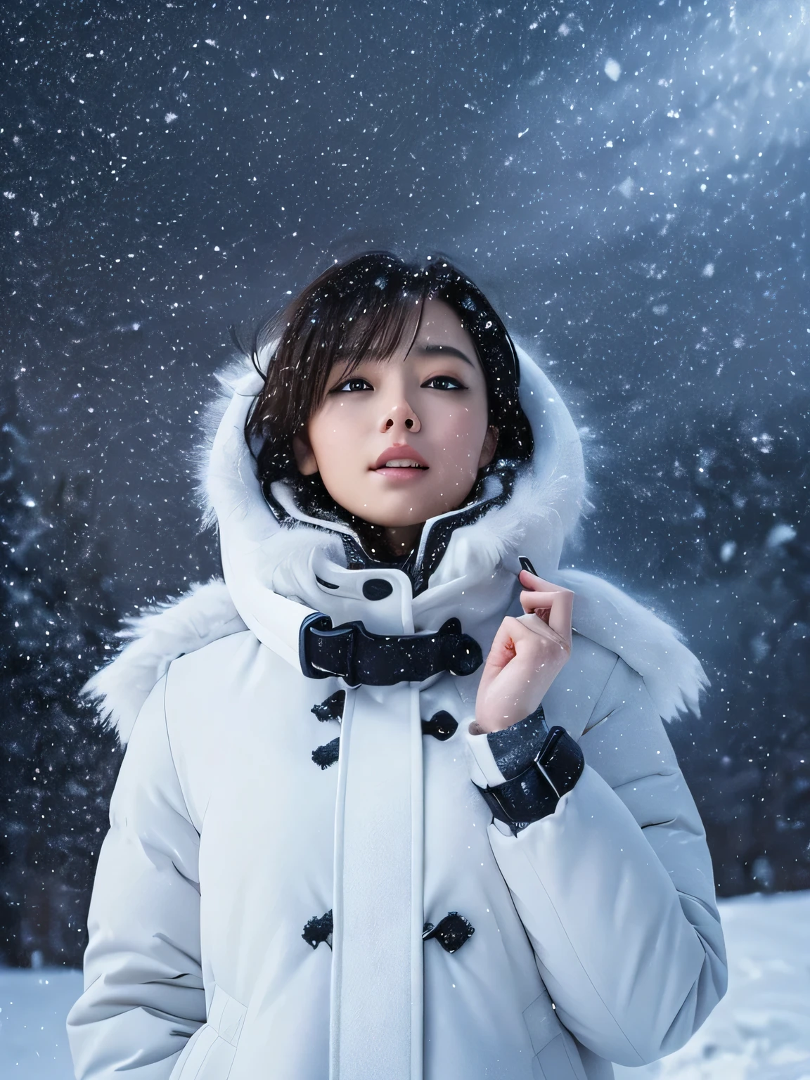 Beautiful woman、Standing on a snowy mountain, looking up at the sky、early morning、((Snowstorm))、((the wind is strong))、((The snow is falling heavily))、(((Holding the collar of his coat with his hands)))、Dim view、Photorealistic, Lots of snow, (short hair:1.3)