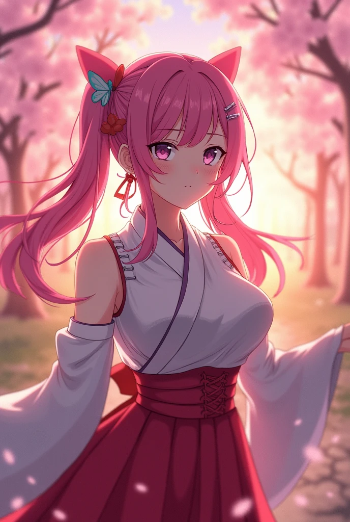 OC Kimetsu No Yaiba, Flower Pillar, female, 20 years old, pink hair, There are two butterfly clips in front of the cheeks, Butterfly clips behind the head, big breasts, small waist, big butt, the garment is made of a lightweight and durable material, inspired by Gakuran uniforms , completed with hakama pants (wide-leg Japanese-style pants) and a white belt.
